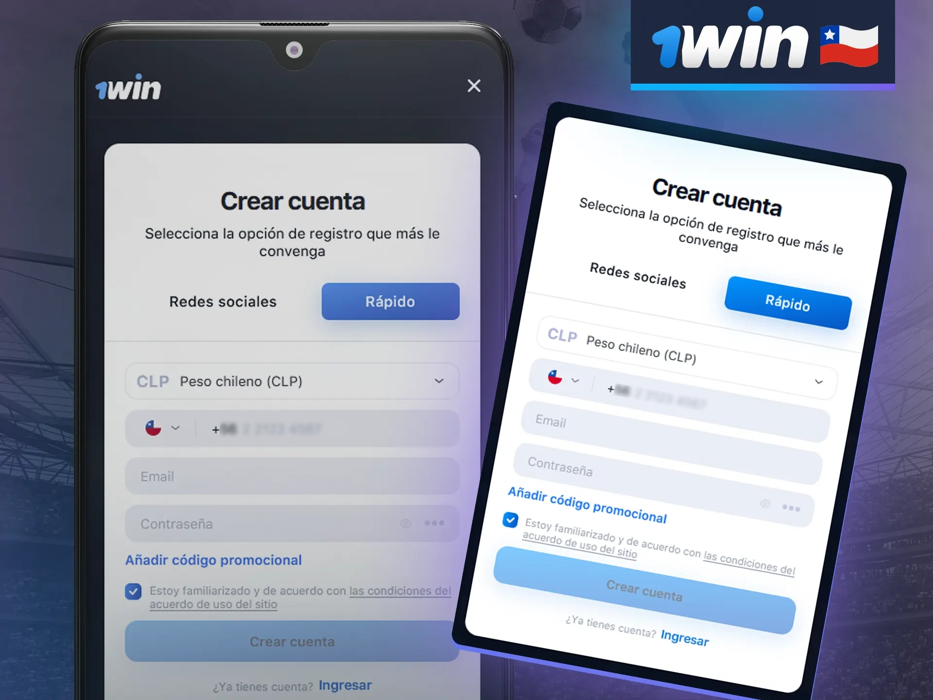 Complete el formulario de registro en la aplicación móvil 1win.
